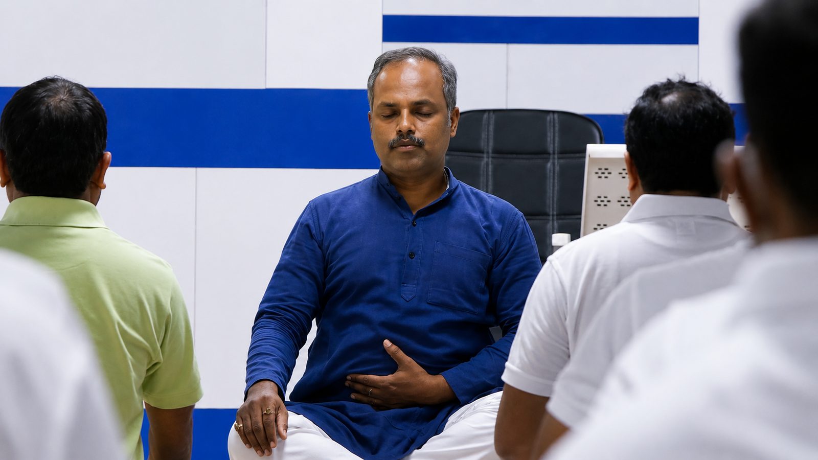 Instructor leading a seated group meditation class at Nirvana School, Gaya
