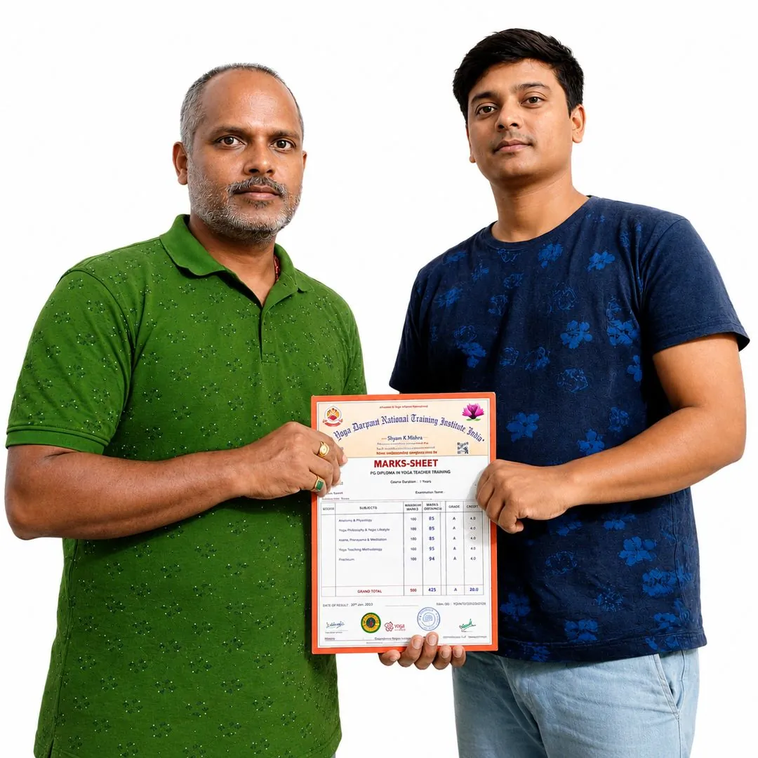 Koushik receiving his PG Diploma marksheet in Yoga Teacher Training at Nirvana School of ThaiMassage & Yoga, Gaya
