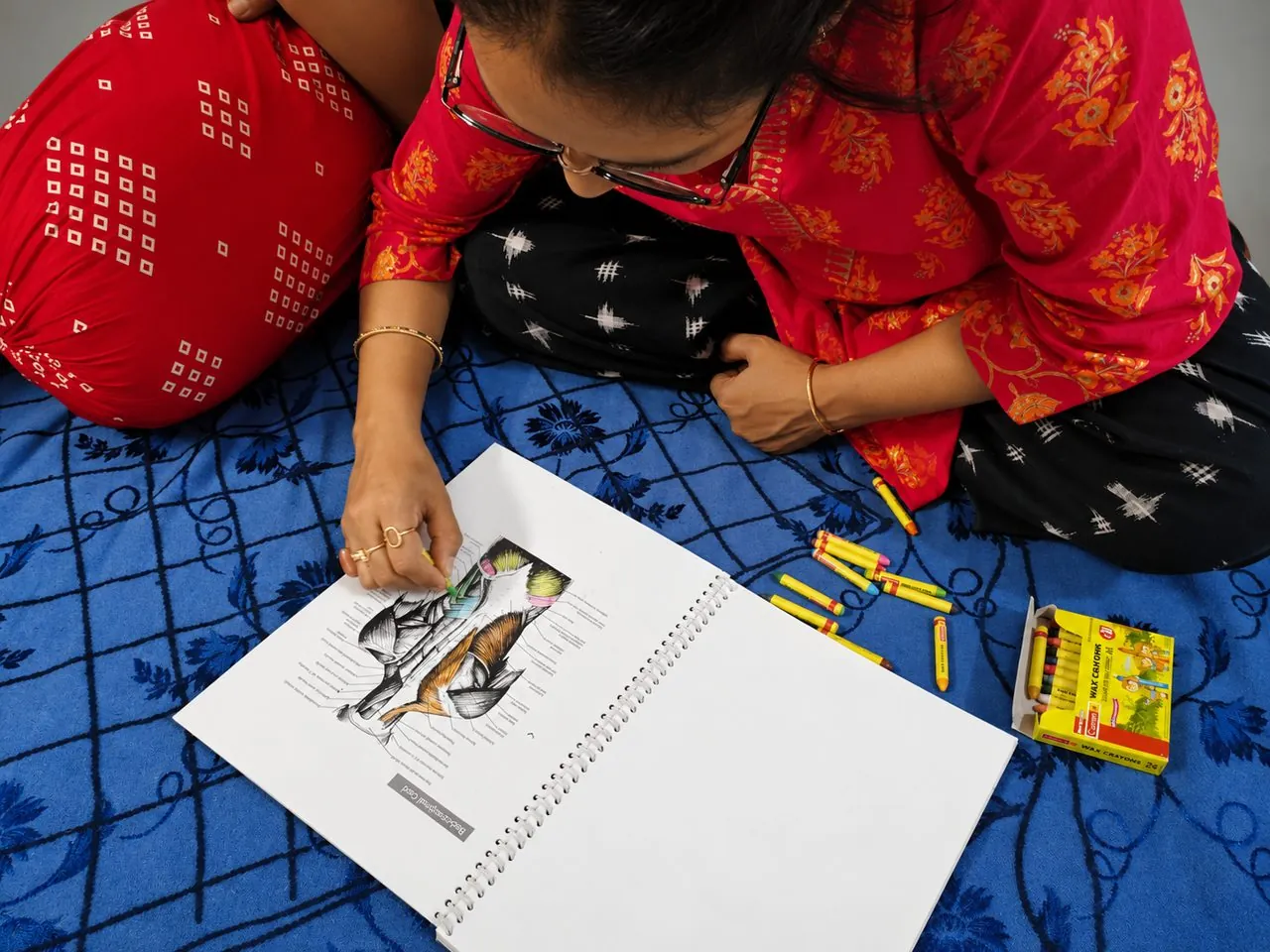 Student colouring and studying a muscle anatomy workbook during the anatomy curriculum at Nirvana School of ThaiMassage & Yoga, Gaya