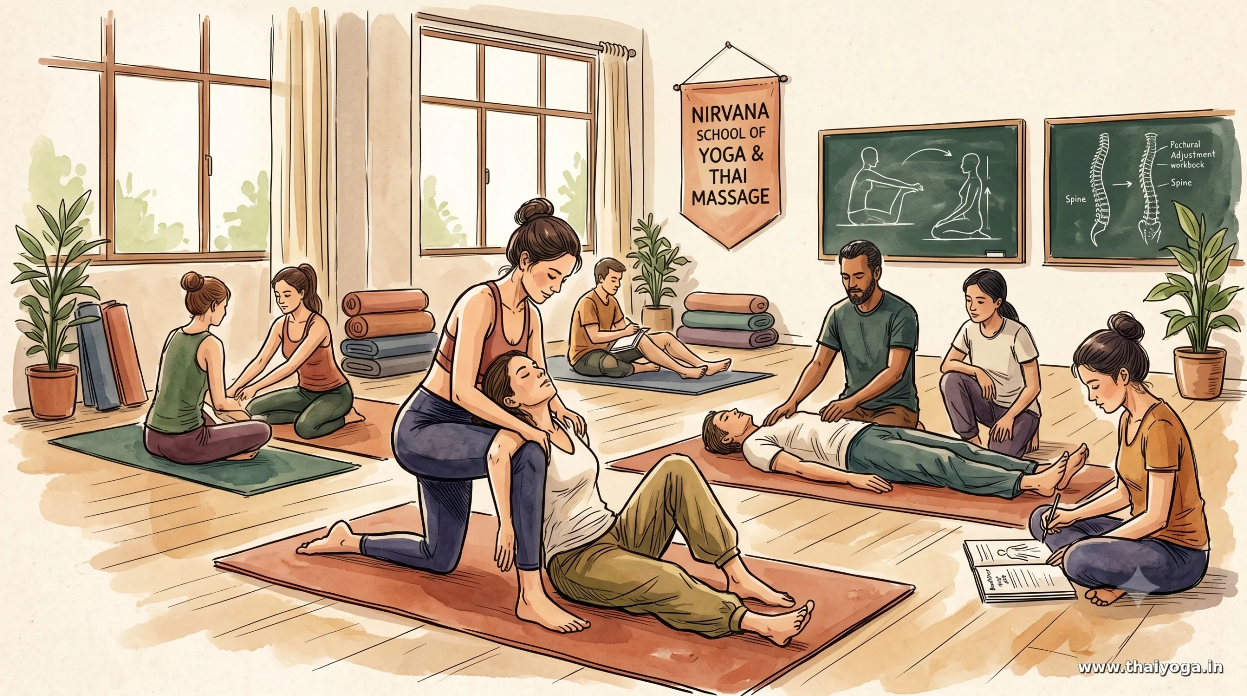 Illustration of yoga teachers learning Thai Yoga Massage, assisted stretching, and anatomy at Nirvana School in Gaya