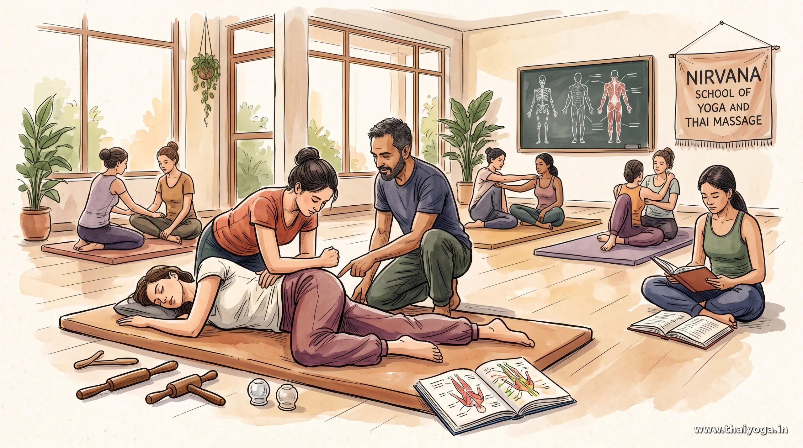 Illustration of a Thai Yoga Massage training class with yoga teachers practising assisted stretches at Nirvana School