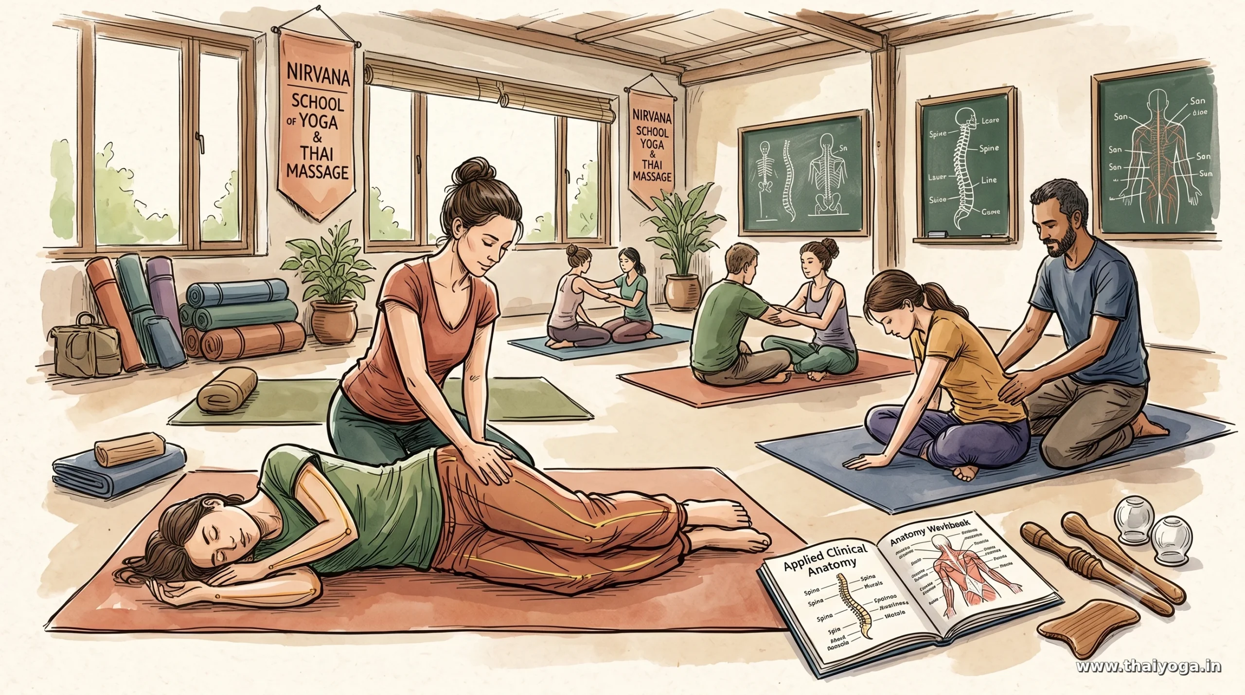 Illustration of Thai Yoga Massage and yoga therapy training with anatomy study at Nirvana School in Gaya